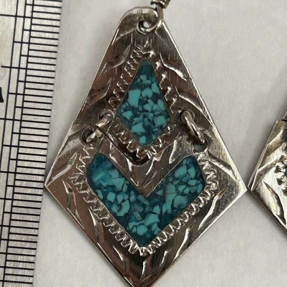 Vintage Silver Alpaca Mexican Long Blue Crushed Stone Inlay Long Earrings - Picture 2 of 6